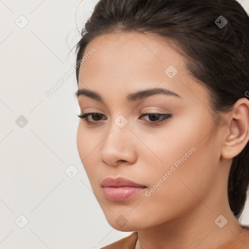 Neutral white young-adult female with medium  brown hair and brown eyes