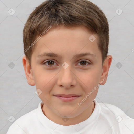 Joyful white child male with short  brown hair and brown eyes