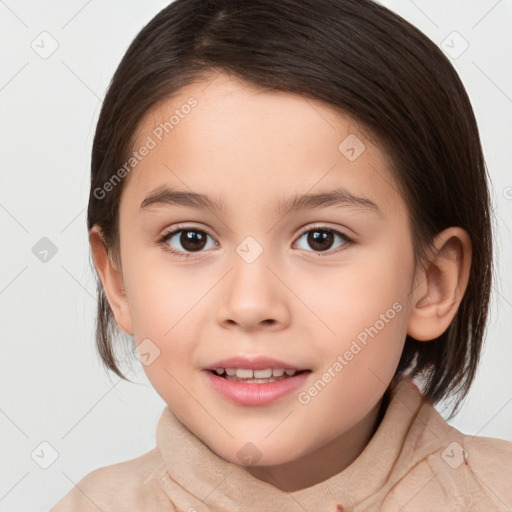 Joyful white child female with medium  brown hair and brown eyes