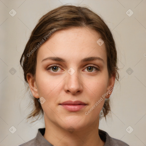 Neutral white young-adult female with medium  brown hair and grey eyes