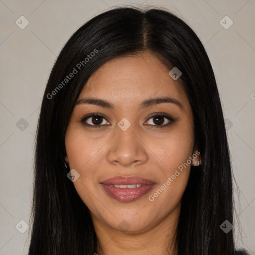 Joyful latino young-adult female with long  black hair and brown eyes