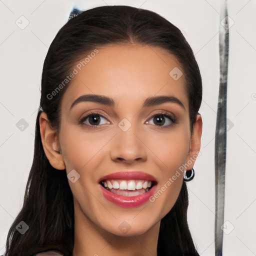 Joyful white young-adult female with long  brown hair and brown eyes