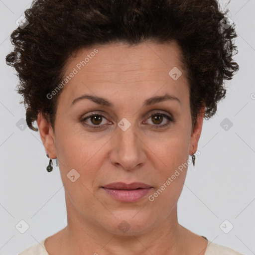 Joyful white adult female with short  brown hair and brown eyes