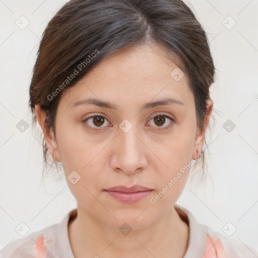 Neutral white young-adult female with medium  brown hair and brown eyes