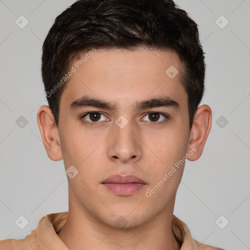 Neutral white young-adult male with short  brown hair and brown eyes