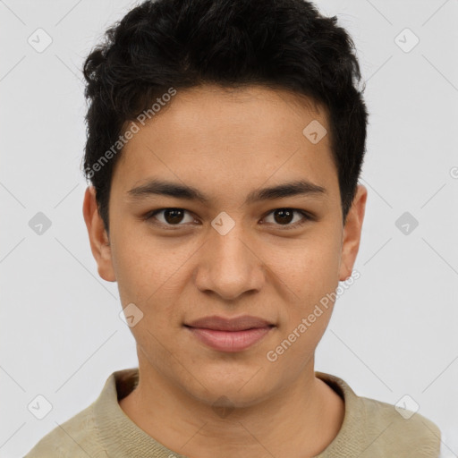 Joyful latino young-adult male with short  brown hair and brown eyes