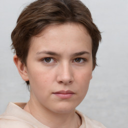 Neutral white young-adult female with short  brown hair and brown eyes