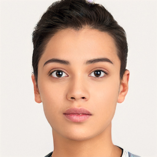 Neutral white young-adult female with short  brown hair and brown eyes