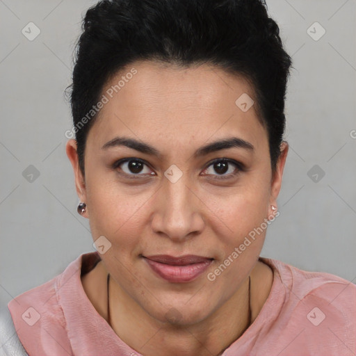 Joyful latino young-adult female with short  brown hair and brown eyes