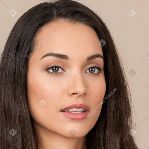 Neutral white young-adult female with long  brown hair and brown eyes