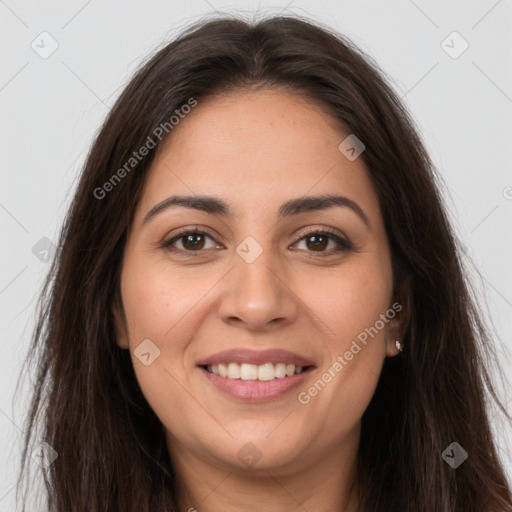 Joyful white young-adult female with long  brown hair and brown eyes