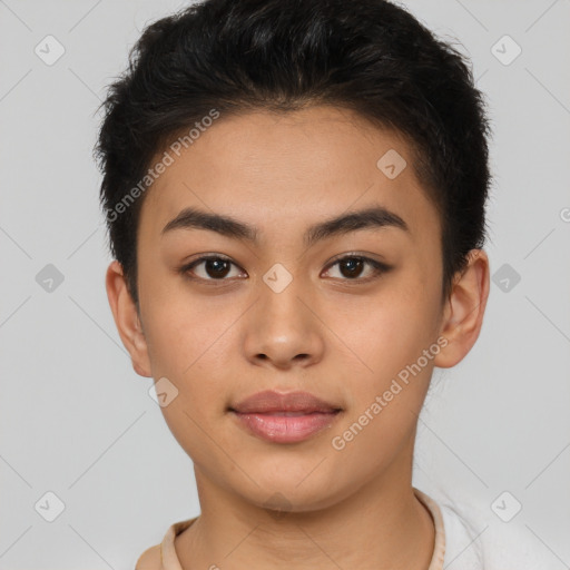 Neutral latino young-adult female with short  brown hair and brown eyes