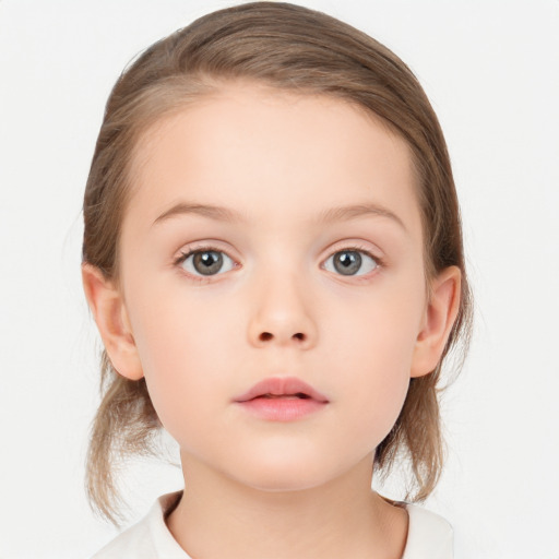 Neutral white child female with medium  brown hair and blue eyes