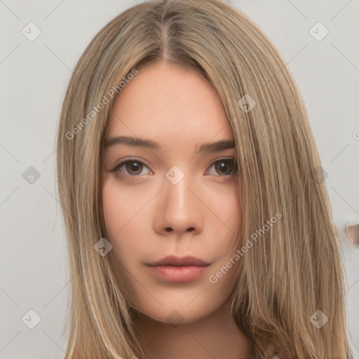 Neutral white young-adult female with long  brown hair and brown eyes