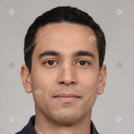 Neutral white young-adult male with short  black hair and brown eyes