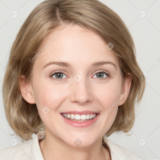 Joyful white young-adult female with medium  brown hair and blue eyes