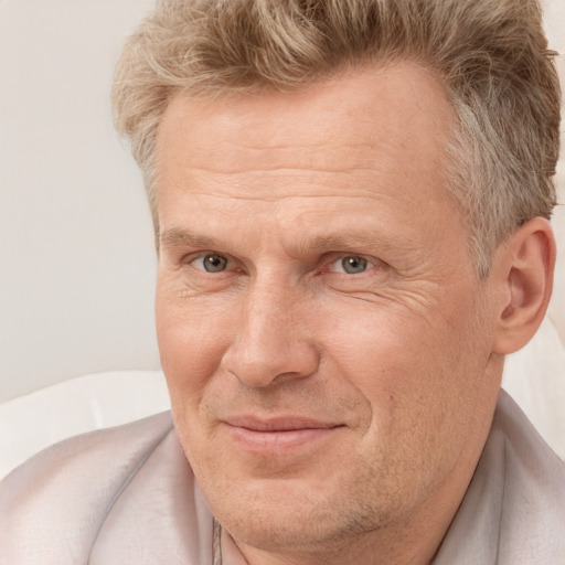 Joyful white middle-aged male with short  brown hair and brown eyes