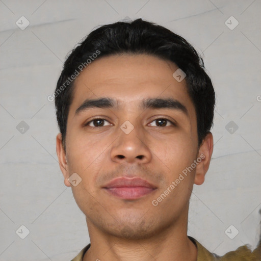 Neutral latino young-adult male with short  black hair and brown eyes