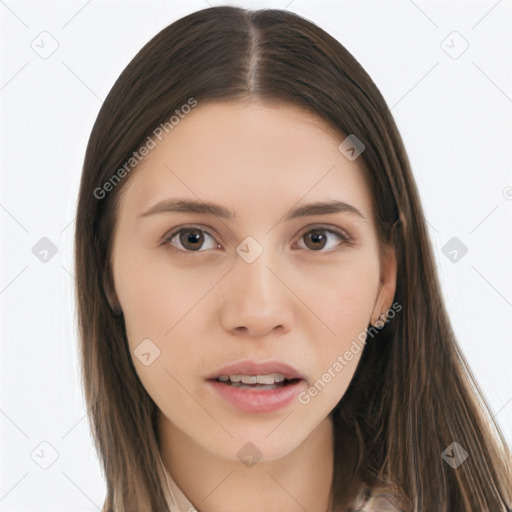 Neutral white young-adult female with long  brown hair and brown eyes