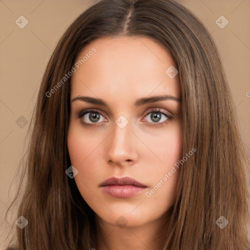 Neutral white young-adult female with long  brown hair and brown eyes