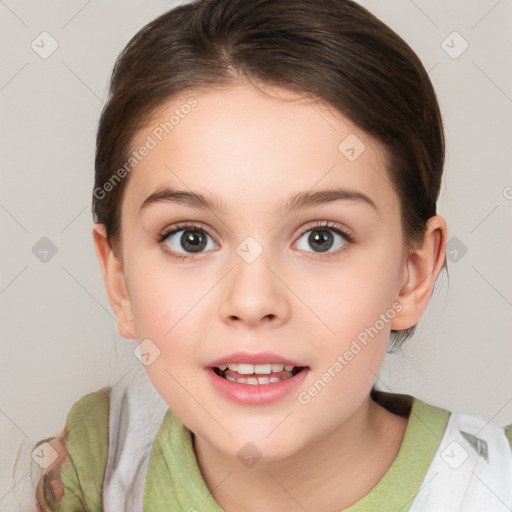 Joyful white child female with medium  brown hair and brown eyes