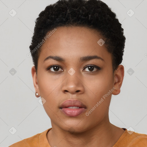 Neutral black young-adult female with short  black hair and brown eyes