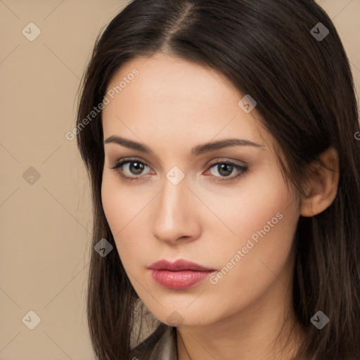 Neutral white young-adult female with long  brown hair and brown eyes