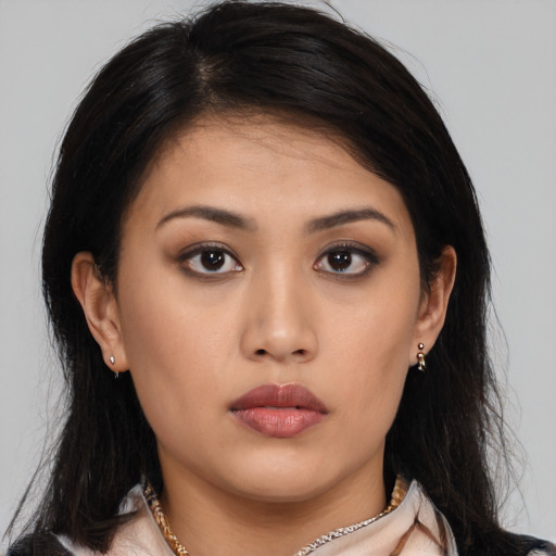 Neutral asian young-adult female with long  black hair and brown eyes