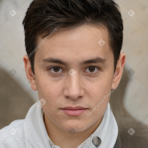 Neutral white young-adult male with short  brown hair and brown eyes