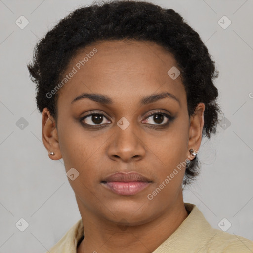 Neutral black young-adult female with short  brown hair and brown eyes