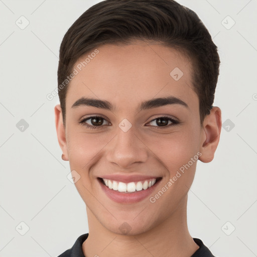 Joyful white young-adult female with short  brown hair and brown eyes