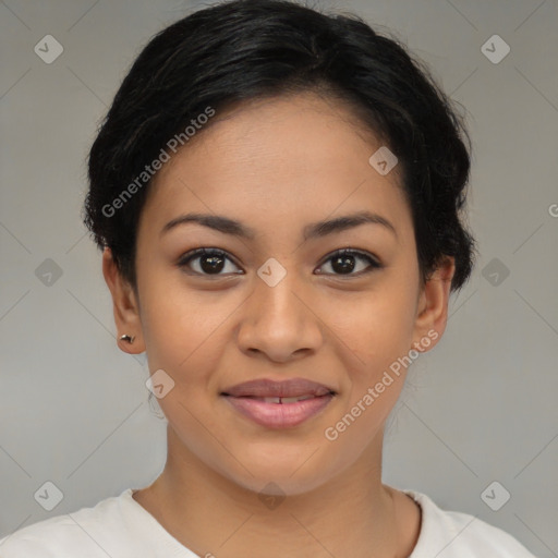 Joyful latino young-adult female with medium  brown hair and brown eyes