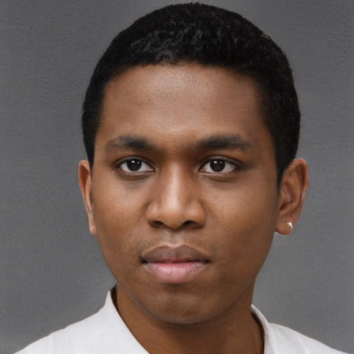 Neutral black young-adult male with short  black hair and brown eyes