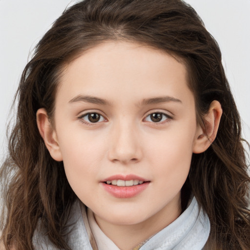 Joyful white child female with long  brown hair and brown eyes