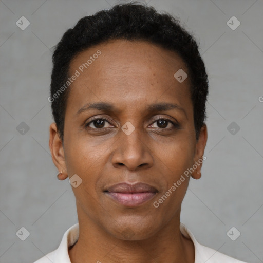 Joyful black adult female with short  brown hair and brown eyes