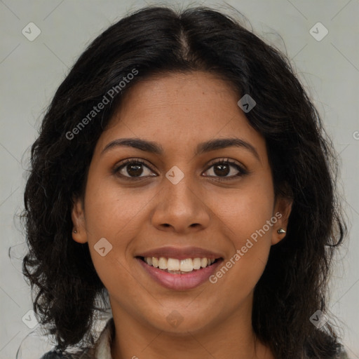 Joyful latino young-adult female with long  brown hair and brown eyes