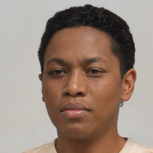 Neutral black young-adult male with short  black hair and brown eyes