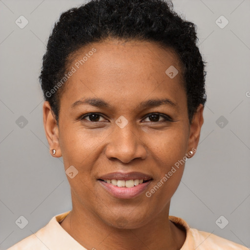 Joyful black young-adult female with short  brown hair and brown eyes