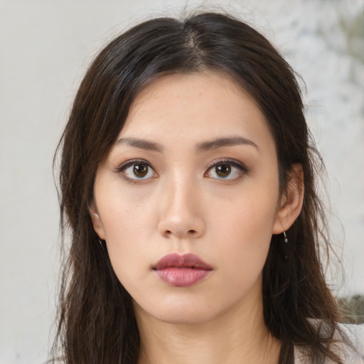 Neutral asian young-adult female with long  brown hair and brown eyes