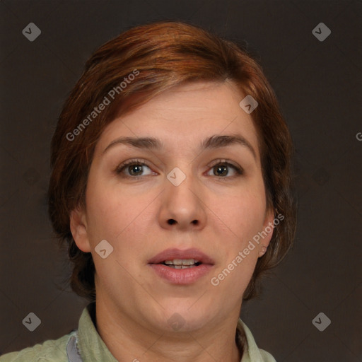 Neutral white young-adult female with short  brown hair and brown eyes