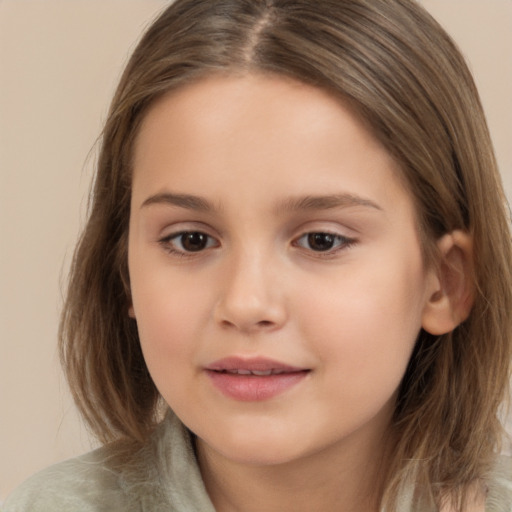 Joyful white child female with medium  brown hair and brown eyes