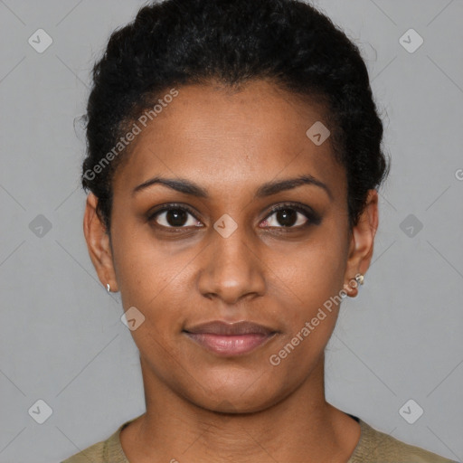 Neutral black young-adult female with short  black hair and brown eyes