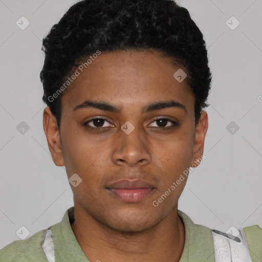 Neutral black young-adult female with short  black hair and brown eyes