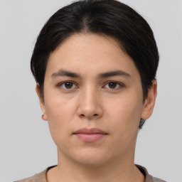 Neutral asian young-adult female with short  brown hair and brown eyes