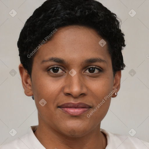 Joyful latino young-adult female with short  brown hair and brown eyes
