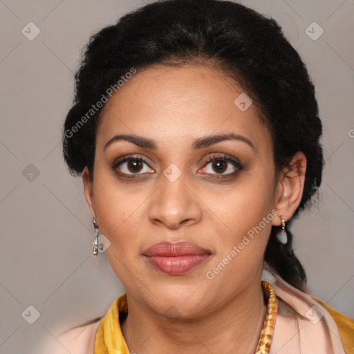 Joyful latino young-adult female with short  brown hair and brown eyes