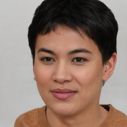 Joyful asian young-adult female with short  brown hair and brown eyes
