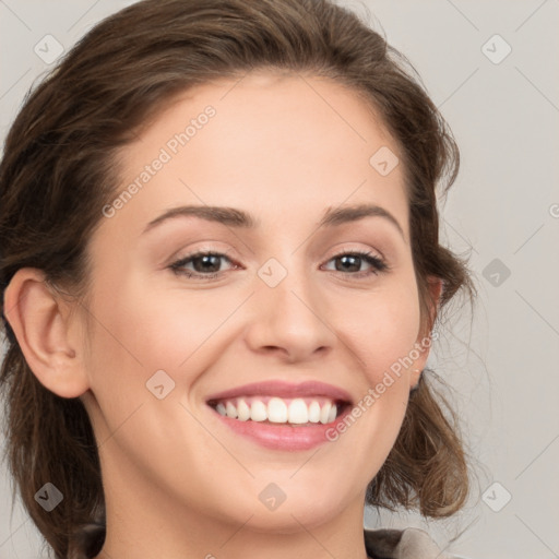 Joyful white young-adult female with medium  brown hair and grey eyes