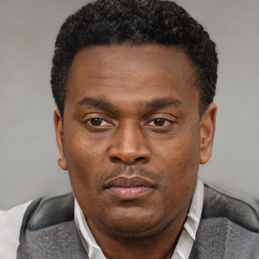 Neutral black adult male with short  black hair and brown eyes