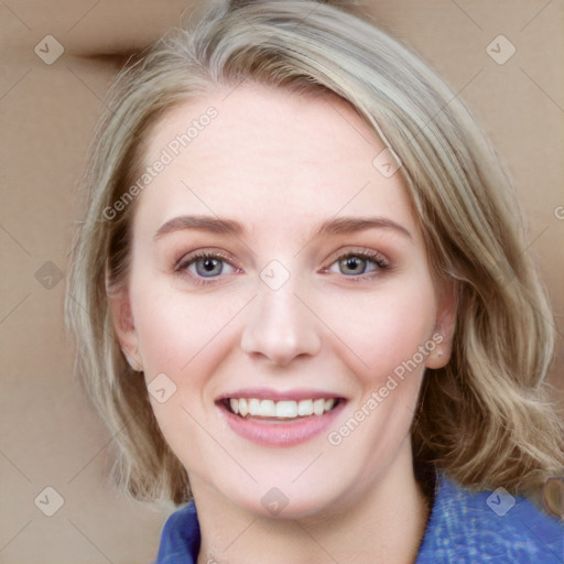 Joyful white young-adult female with medium  brown hair and blue eyes